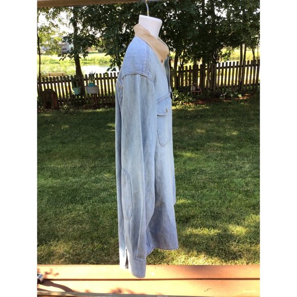 Woolrich Mens Denim Button-Up Shirt With Logo Embroidered On Chest & Beige Colla - Picture 7 of 9